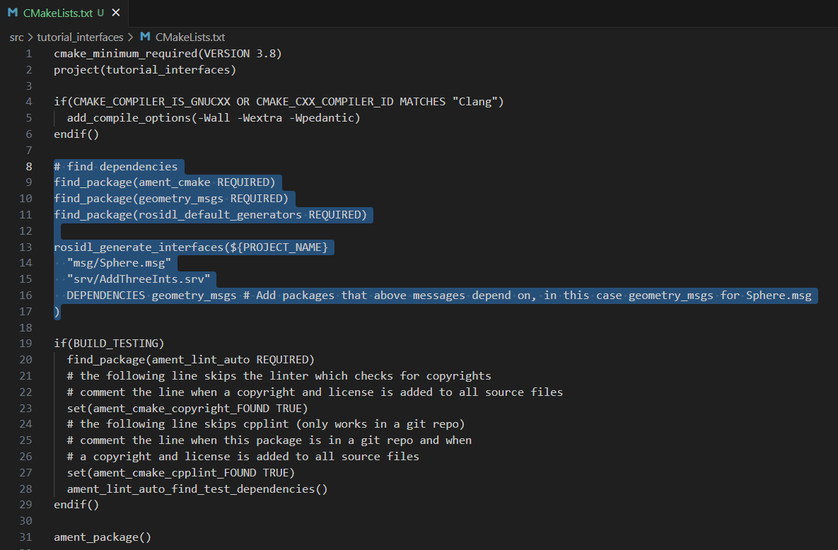 CMakeLists.txt for custom msg and srv.