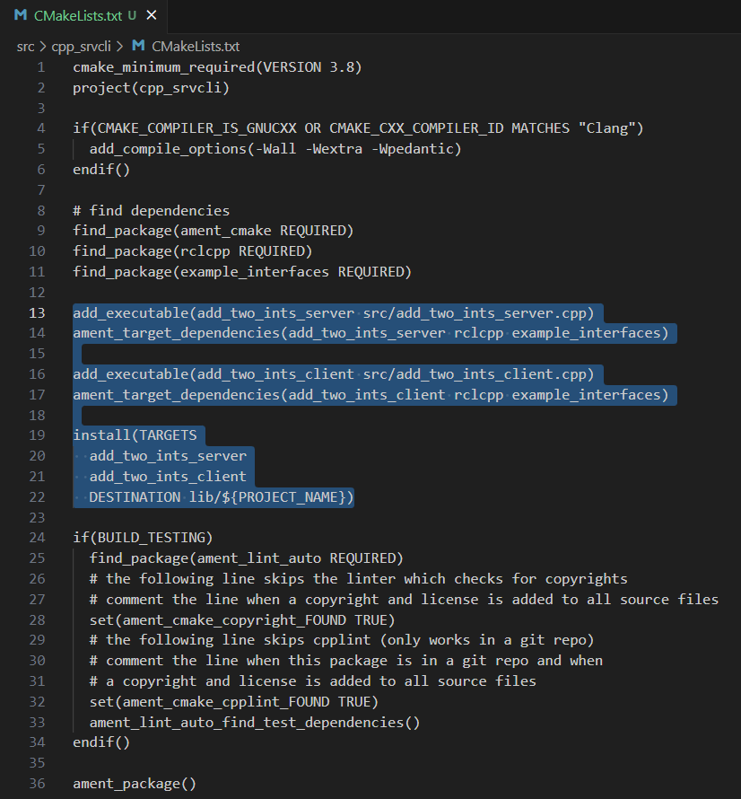 Results of how the CMakeLists should be after the changes for service and client example.